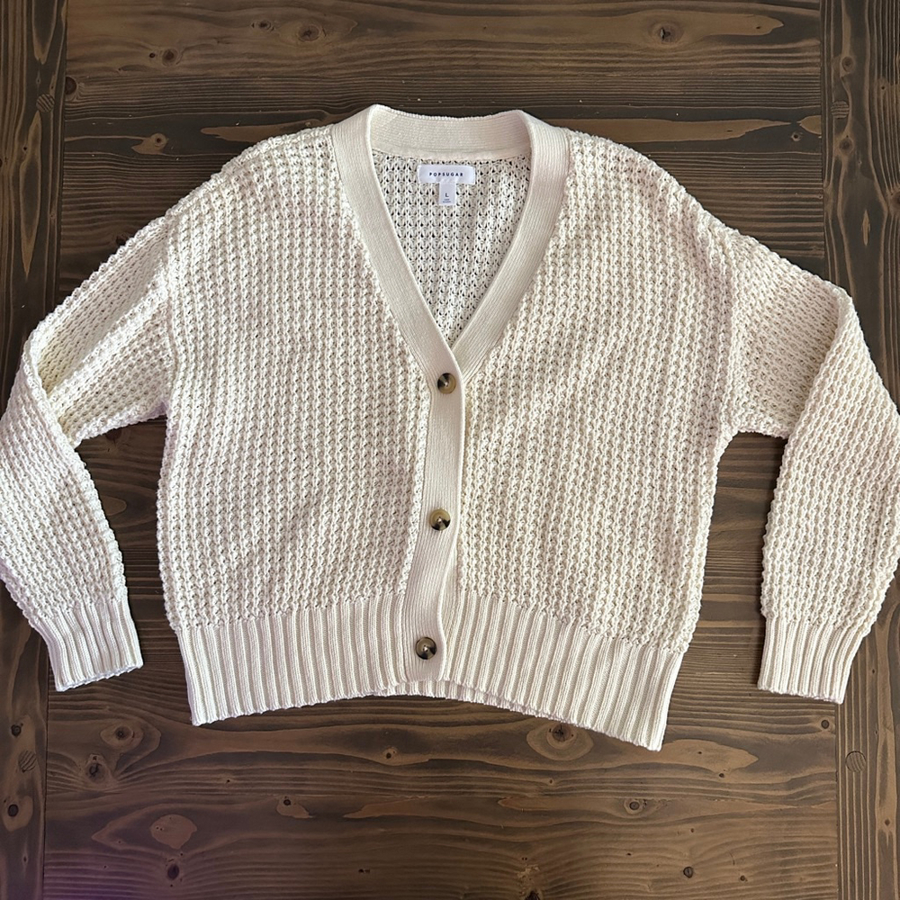 Women’s POPSUGAR Cream Waffle Knit Button Front Cardigan Size L cottagecore